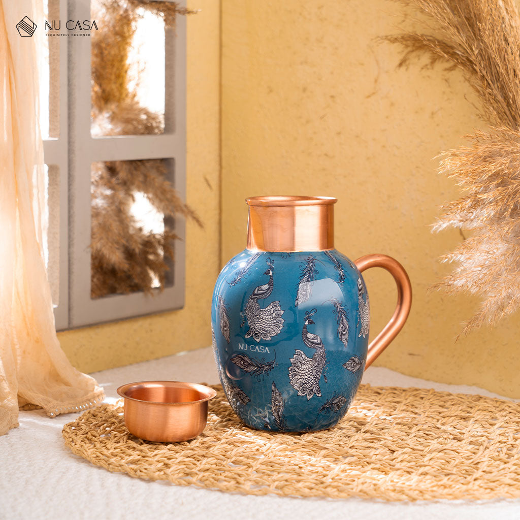 Peacock Print Pure Copper Jug with 2 Glasses Set