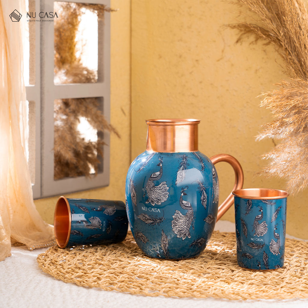 Peacock Print Pure Copper Jug with 2 Glasses Set