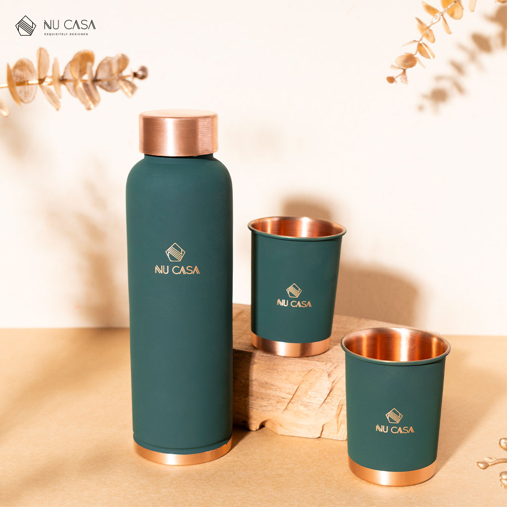 Matte Copper Bottle with a set of 2 Glasses