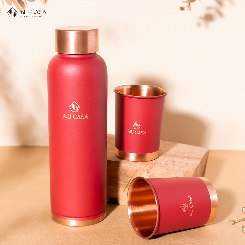 Matte Copper Bottle with a set of 2 Glasses