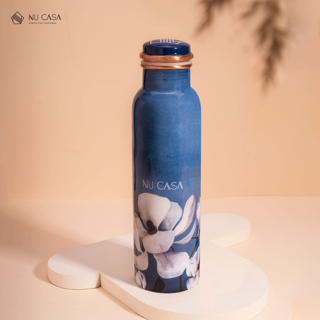 White Japanese Flower Print Pure Copper Bottle - 1L