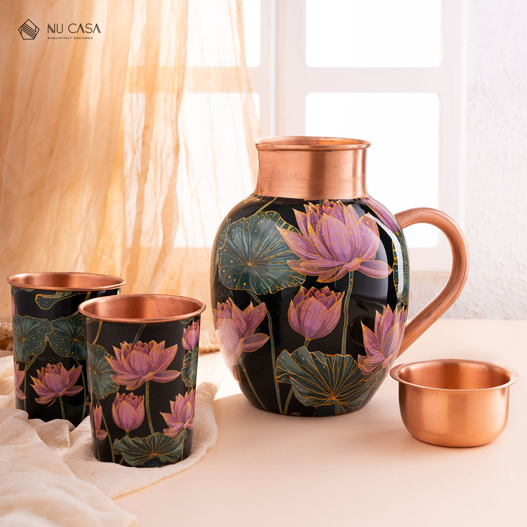 Padma Print Pure Copper Jug with 2 Glasses Set