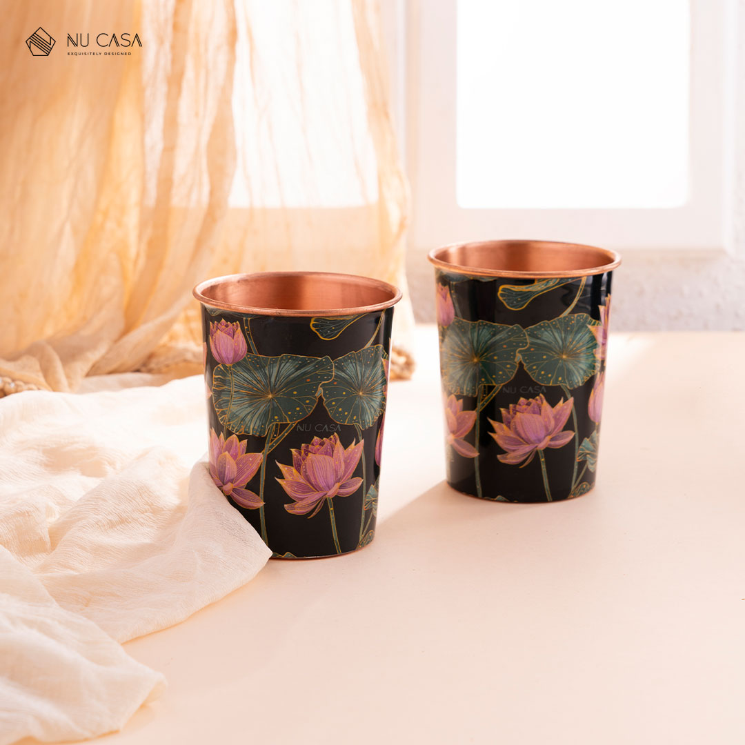 Padma Print Pure Copper Jug with 2 Glasses Set