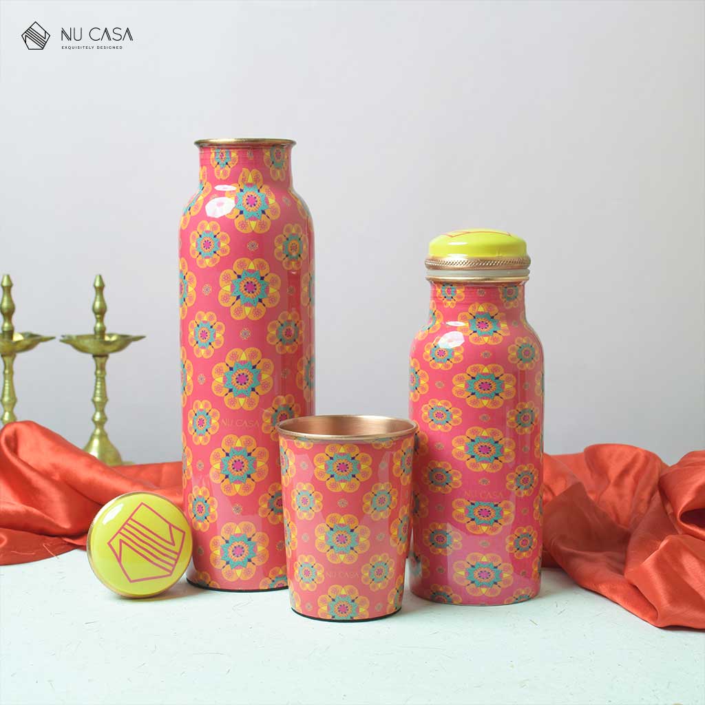 Buy Design print copper water bottle real copper 1 litre शुद्ध ताँबे की बॉटल