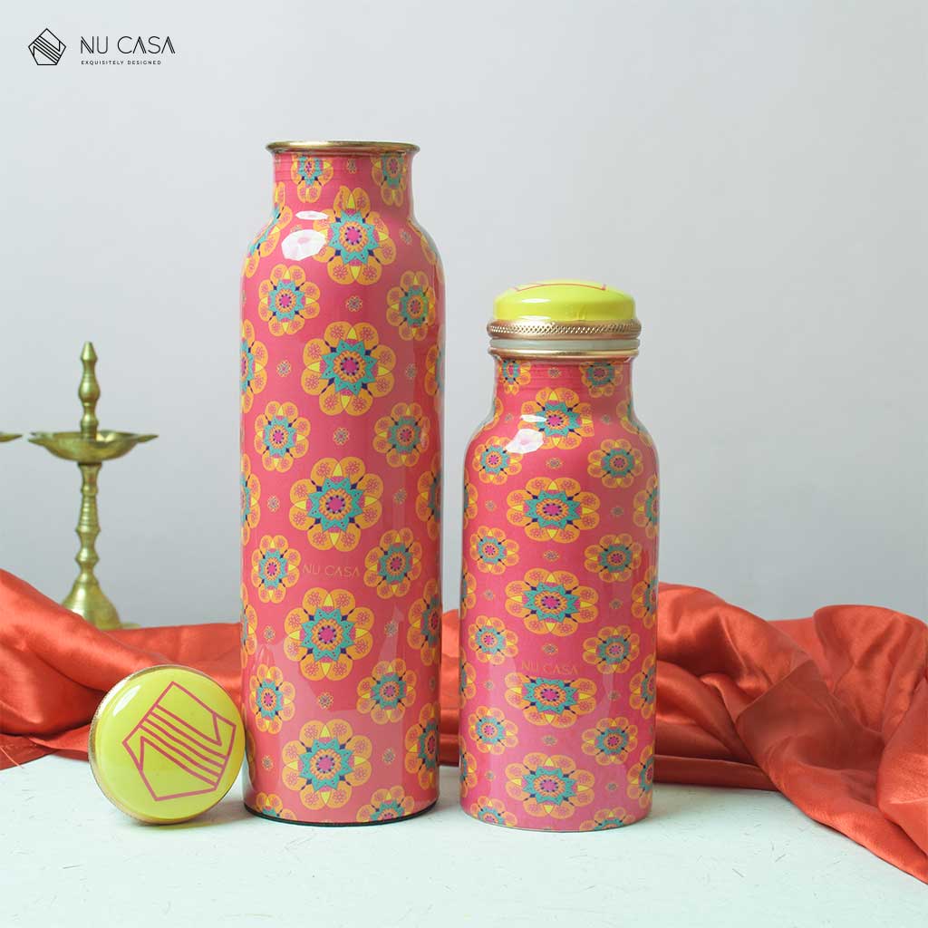 Copper bottle set of two buy now festive print best quality benefits uses rate