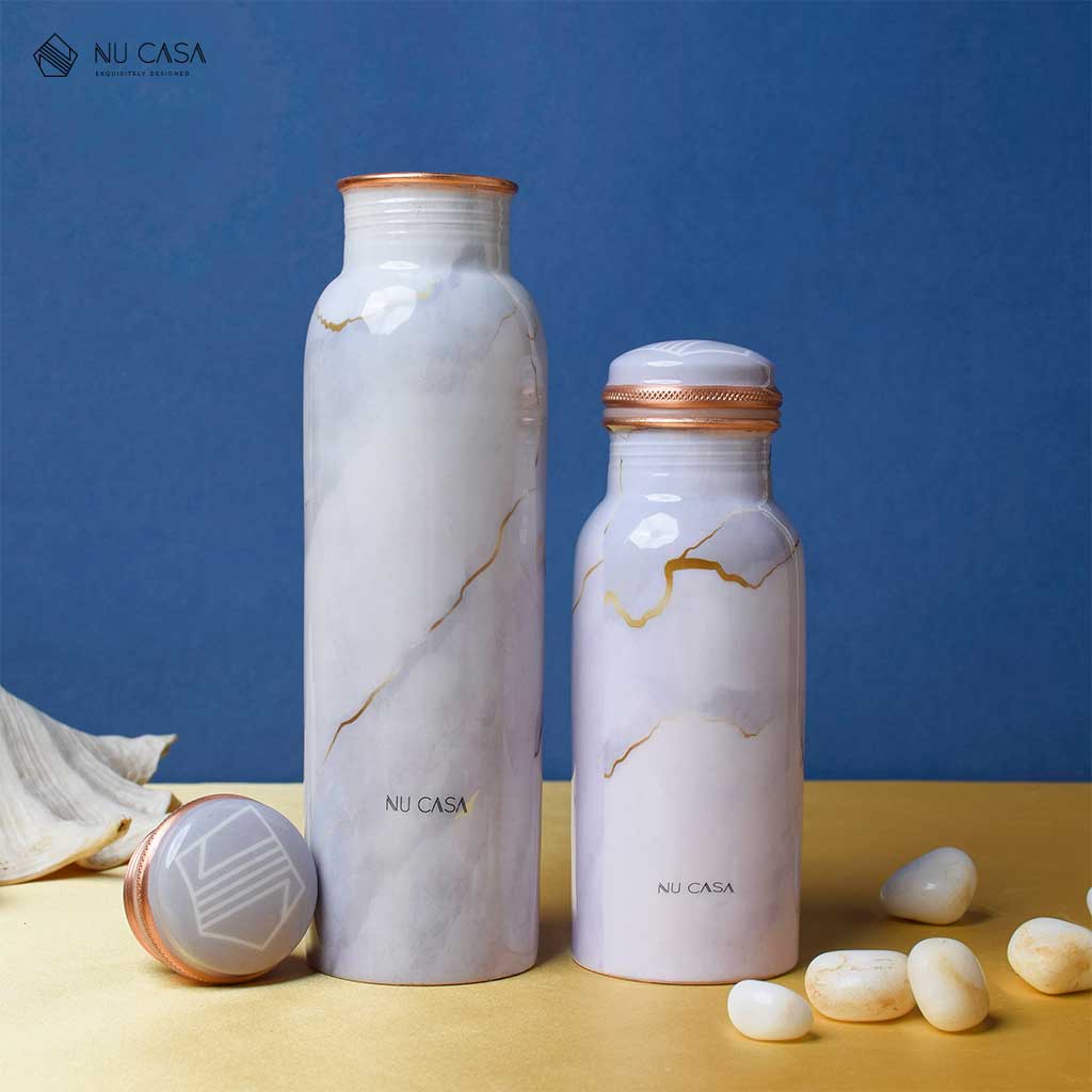 Purchase copper bottle water set printed copperware शुद्ध ताँबे की बॉटल ख़रीदे