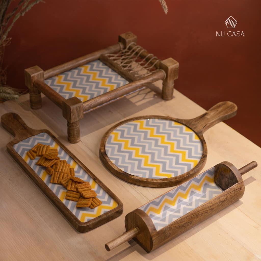 Enamel Printed Mango wood Khat Platter Set of - Main Image