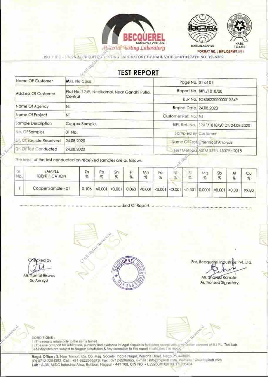 Copper Purity Certificate